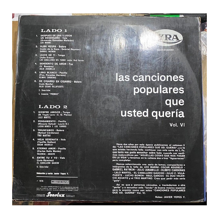 Las canciones populares que usted queria Vol VI - Colombia 1976 reverso