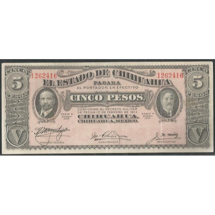 Mexico - El Estado de Chihuahua 5 Pesos Ene 1915 Serie H Ps532c