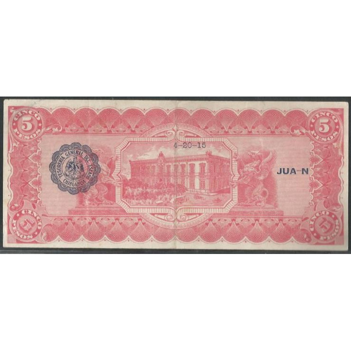 Mexico - El Estado de Chihuahua 5 Pesos Ene 1915 Serie H Ps532c reverso