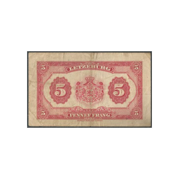 Luxemburgo 5 Francs ND1944 P43a reverso