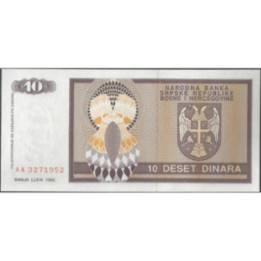 Bosnia & Herzegovina Serbia 10 Dinares 1992 P133a