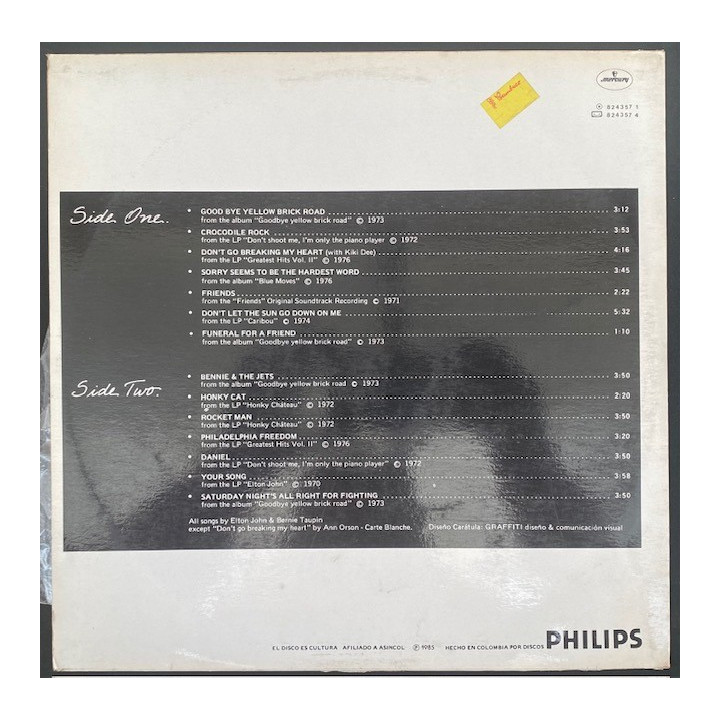 Elton John The Collection - Colombia 1985 reverso