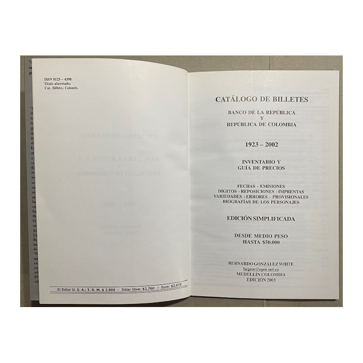Catalogo de Billetes Banco de la Republica 1923-2002 - Bernardo Gonzalez White reverso