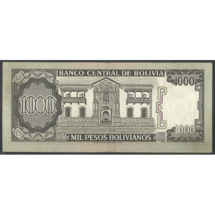 Bolivia 1.000 Pesos Bolivianos D 25 Jun 1982 Serie A P167a reverso