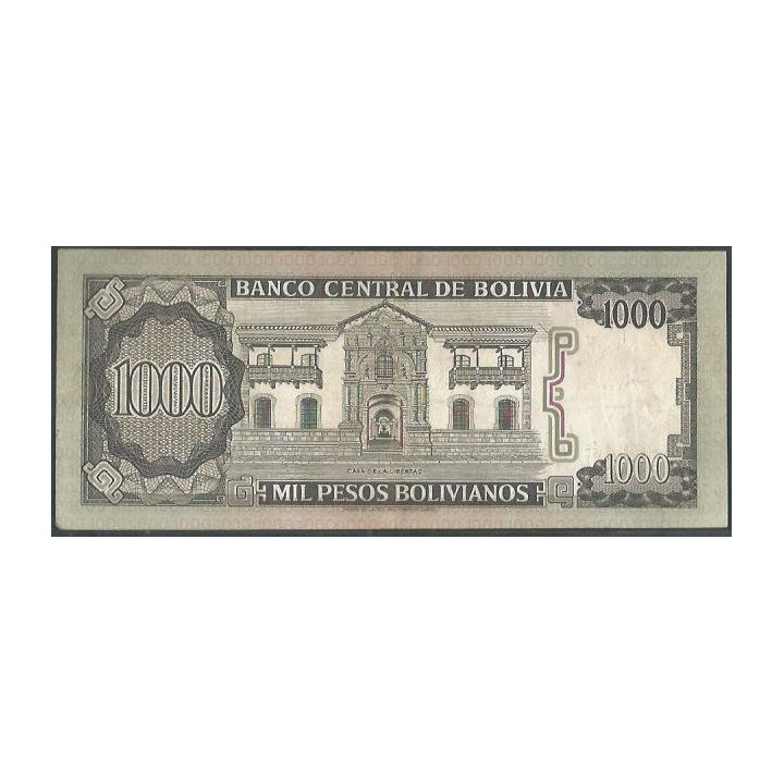 Bolivia 1.000 Pesos Bolivianos D 25 Jun 1982 Serie F P167a reverso