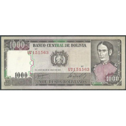 Bolivia 1.000 Pesos Bolivianos D 25 Jun 1982 Serie U P167a