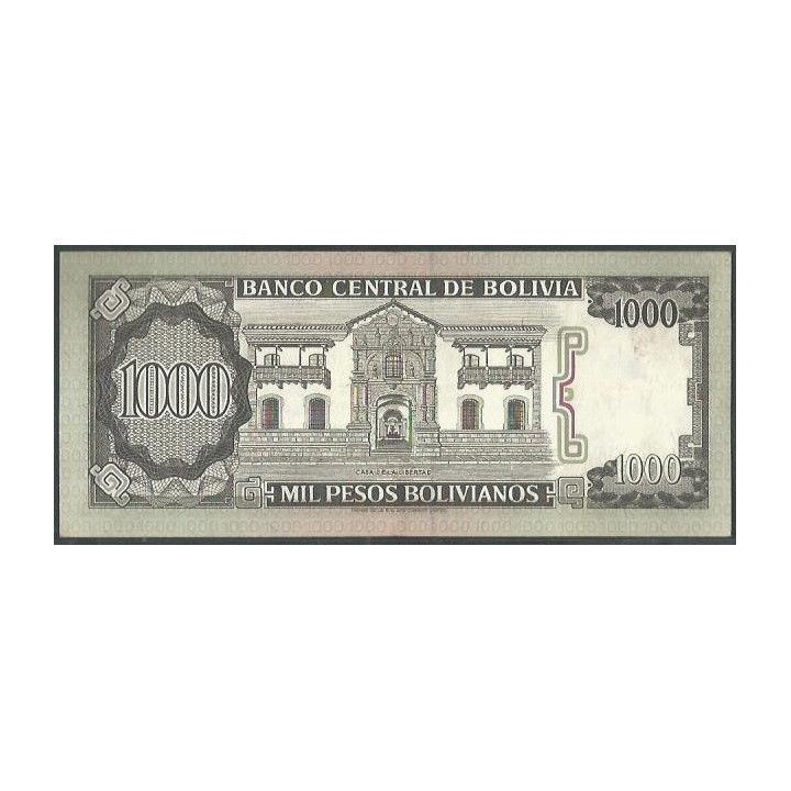 Bolivia 1.000 Pesos Bolivianos D 25 Jun 1982 Serie U P167a reverso
