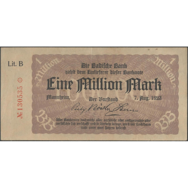 Alemania - Banco de Baden 1.000.000 Mark 7 Ago 1923 Ps912