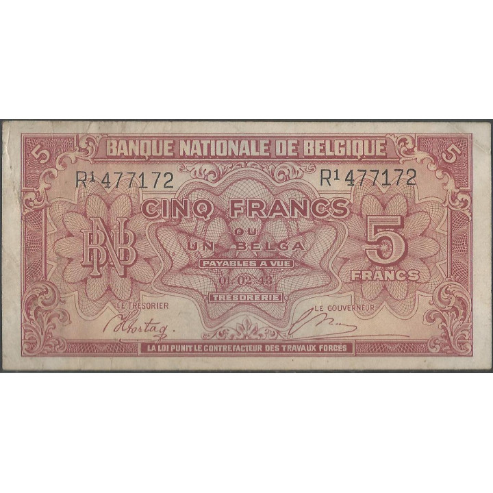 Belgica 5 Francs 1 Feb 1943 P121a reverso