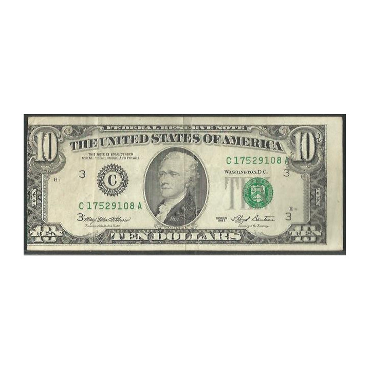 Estados Unidos 10 Dollars 1993 C P492 Error impresion