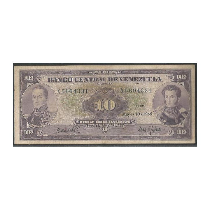 Venezuela 10 Bolivares 10 May 1966 X 7 Dig P45c