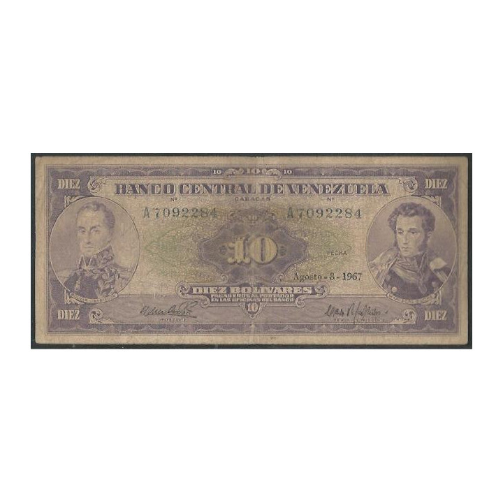 Venezuela 10 Bolivares 8 Ago 1967 A7 Dig P45d