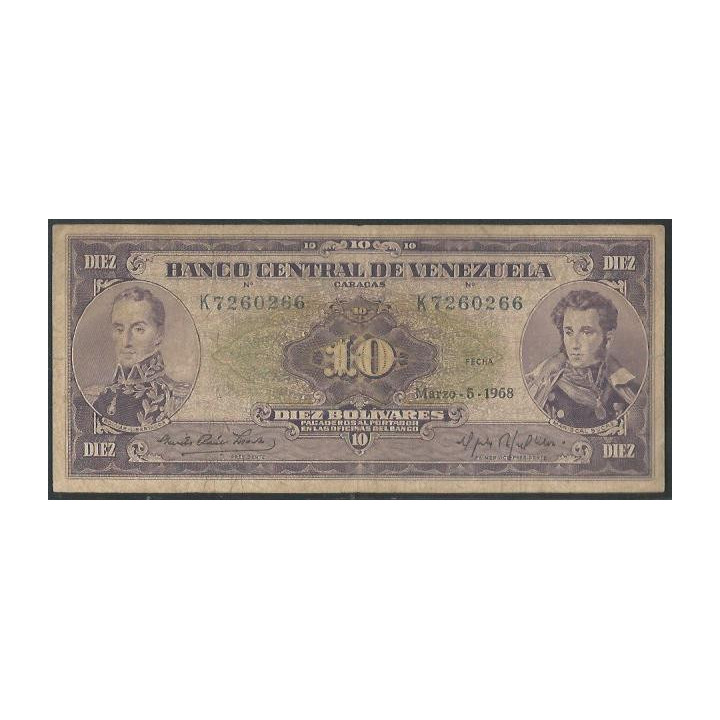 Venezuela 10 Bolivares 5 Mar 1968 K 7 Dig P45e