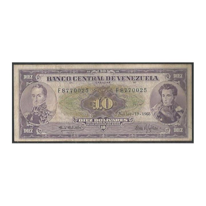 Venezuela 10 Bolivares 19 Nov 1968 F 7 Dig P45f