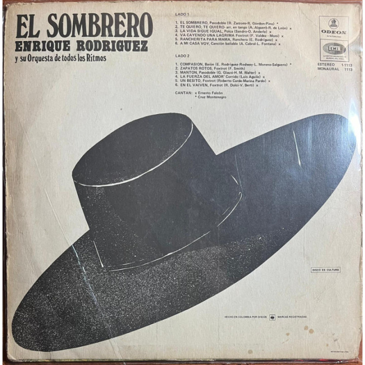 Enrique Rodriguez Y Su Orquesta De Todos Los Ritmmos - El Sombrero Colombia 1970 aprox reverso