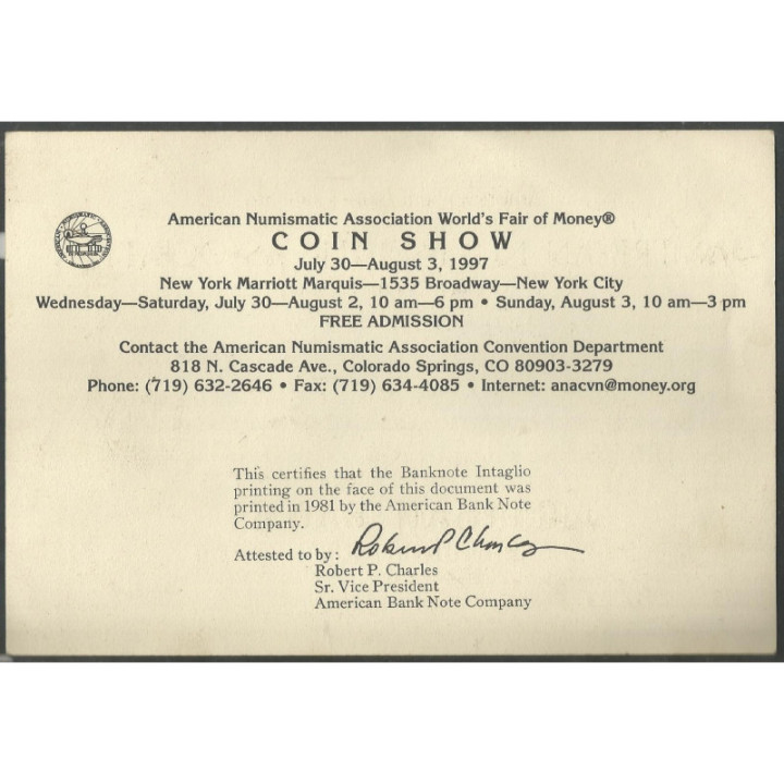 ANA - Artisan Bank 10 Dollars 18_ _ Fascimil New York show 1997 reverso