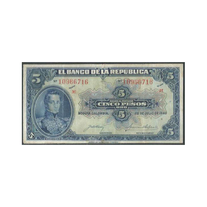 Billete de 5 Pesos 20 Jul 1940 8 Dig BGW113