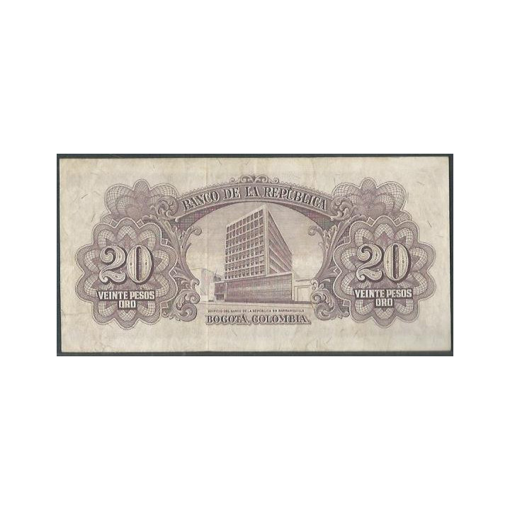Billete de 20 Pesos 1 ene 1960 BGW219 reverso