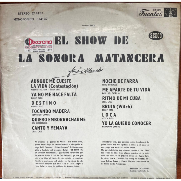 Sonora Matancera - El Show De La Sonora Matancera - Colombia reverso