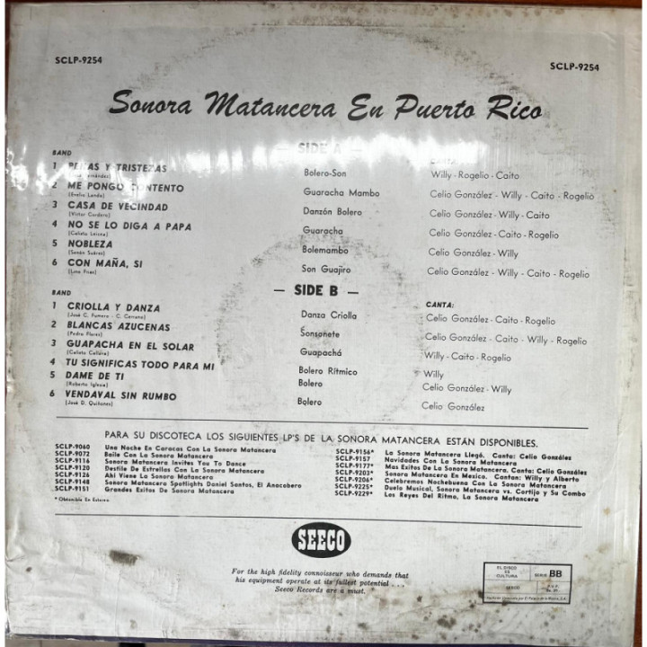 Sonora Matancera - en Puerto Rico - Venezuela reverso