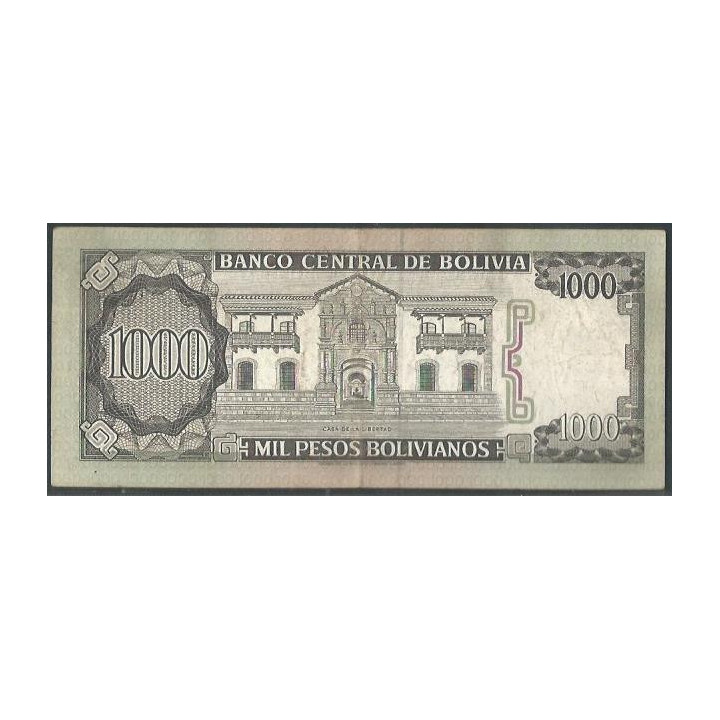 Bolivia 1.000 Pesos Bolivianos D 25 Jun 1982 Serie B P167a reverso