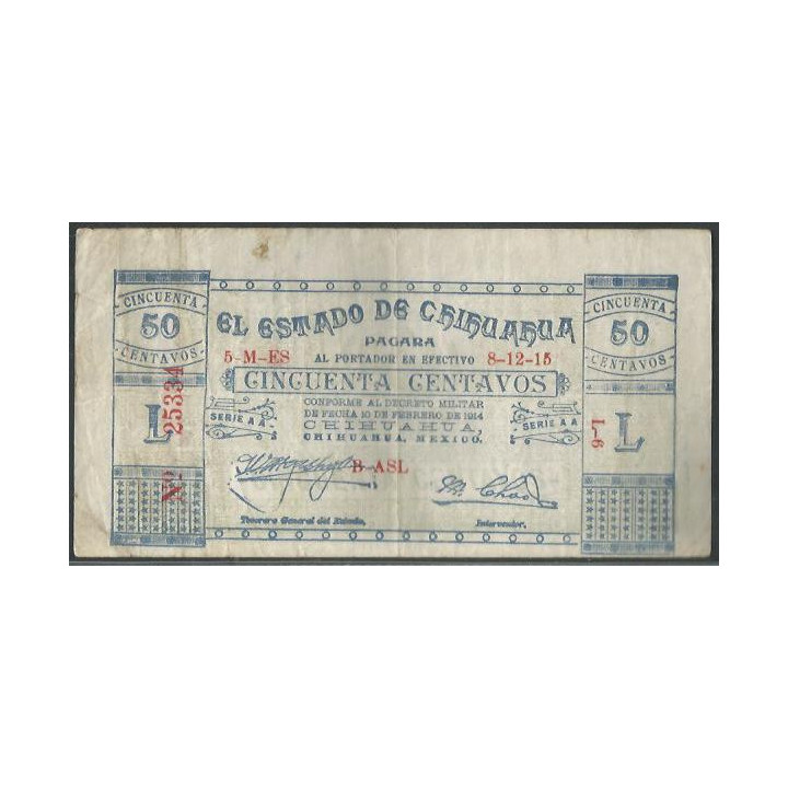 Mexico - El Estado de Chihuahua 50 Centavos 10 Feb 1914 Serie L Ps527a