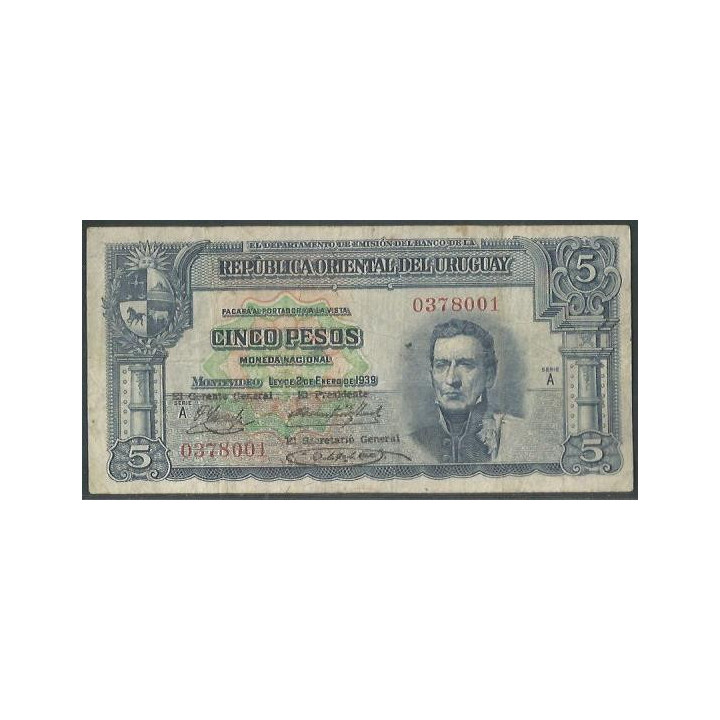 Uruguay 5 Pesos L1939 Serie A P36a