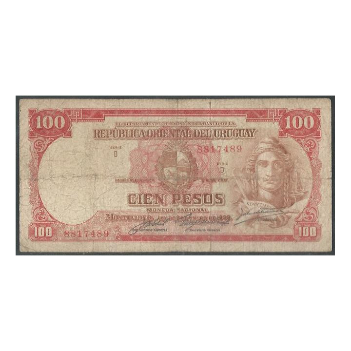 Uruguay 100 Pesos L1939 Serie D P39c