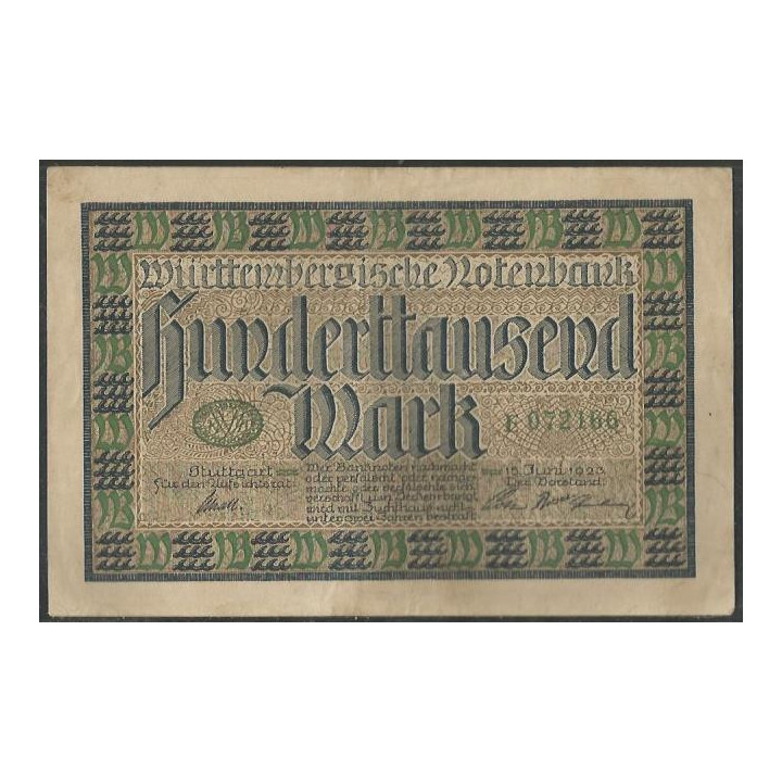 Alemania - Wurttenberg 100.000 Mark 15 Jun 1923 Ps985
