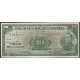 Venezuela 20 Bolivares 6 Jun 1961 X 7 Dig P43b