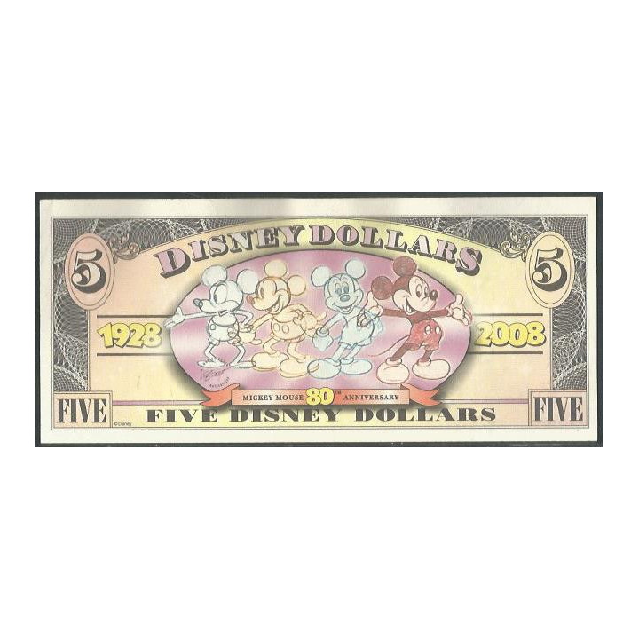 Disney 5 Dollars 2008 Mickey Mouse 80 años reverso