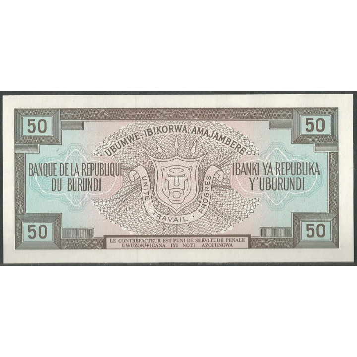 Burundi 50 Francs 1 May 1993 P28c reverso