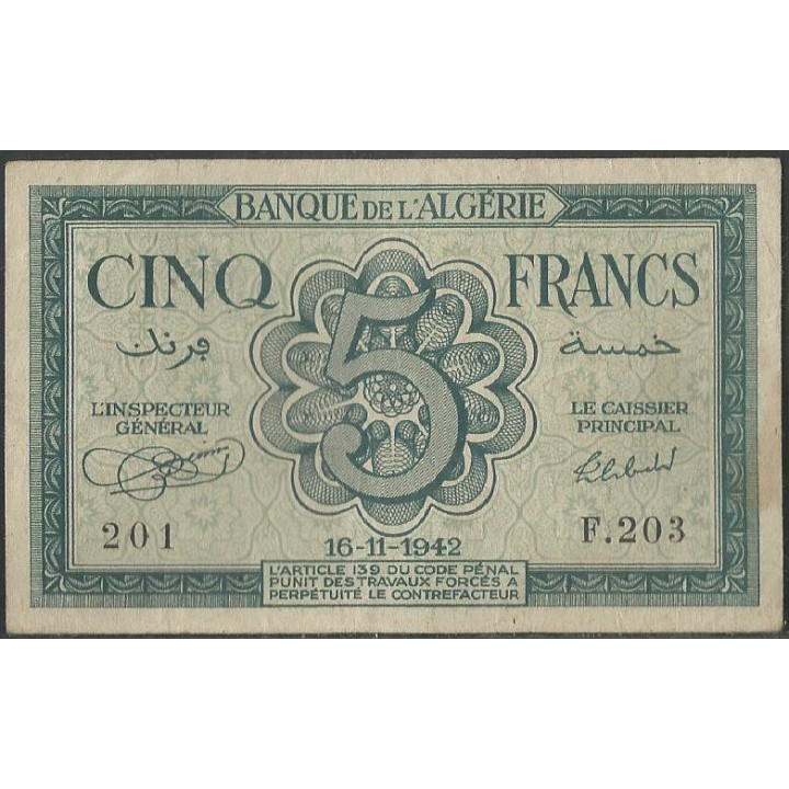 Argelia 5 Francs 16 Nov 1942 P91 reverso