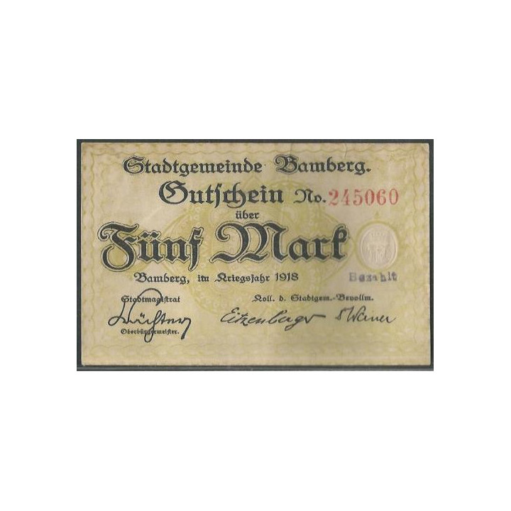 Alemania - Bamberg 5 Mark Sep 1918