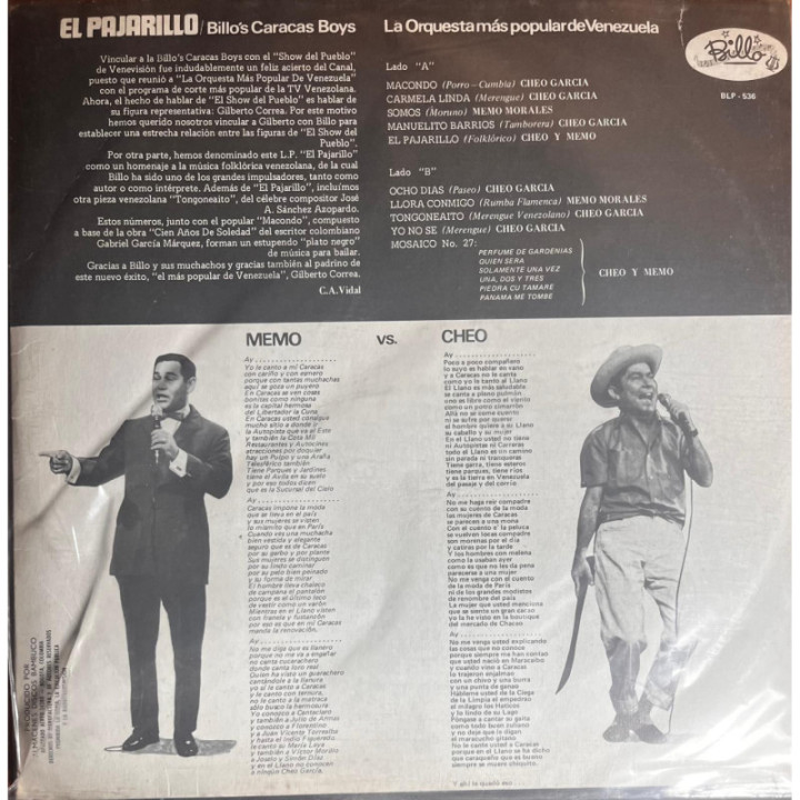 Billo's Caracas Boys -El Pajarillo reverso
