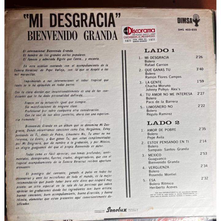 Bienvenido Granada - ''Mi Desgracia'' reverso