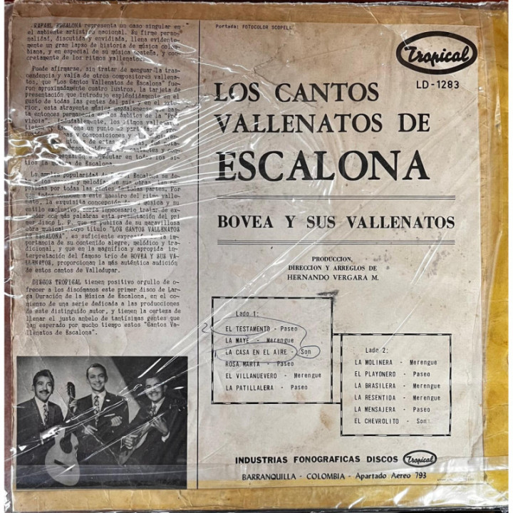 Bovea y Sus Vallenatos - Los Cantos Vallenatos De Esacalona reverso
