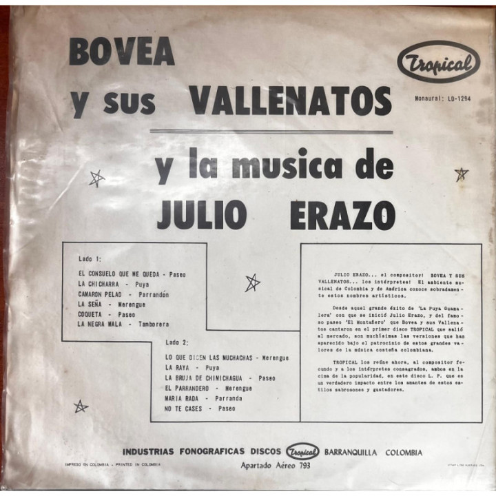 Bovea y Sus Vallenatos - La Musica De Julio Erazo reverso