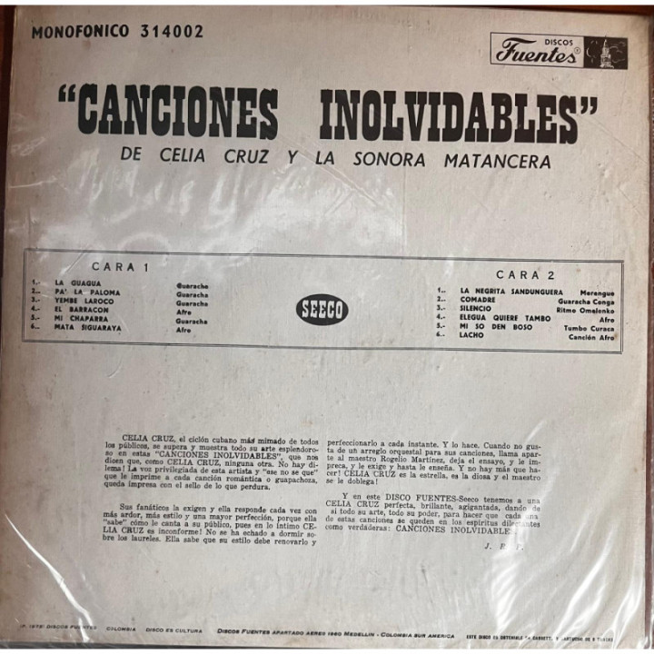 Celia Cruz y la Sonora Matancera - Canciones Inolvidables reverso