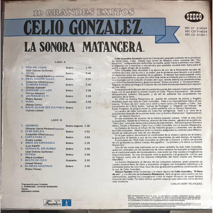 Celio Gonzales con La Sonora Matancera - 16 Grandes Exitos reverso