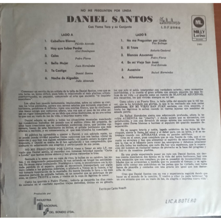 Daniel Santos - No me pregunten por Linda reverso