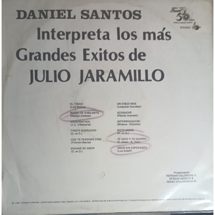 Daniel Santos - Interpreta los mas grandes exitos de Julio Jaramillo reverso
