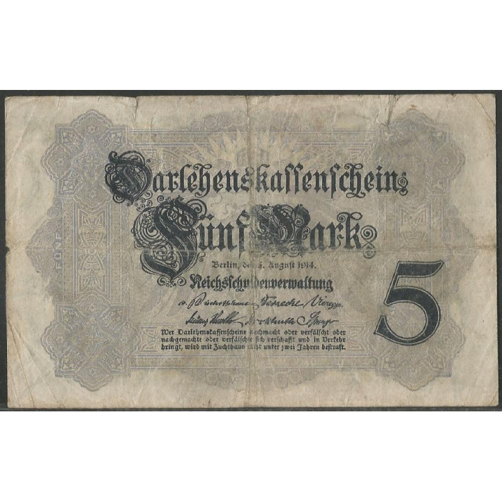 Alemania 5 Mark 5 Ago 1914 8 dig. P47b reverso