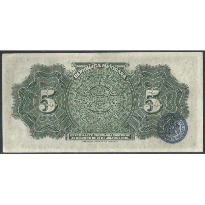 Mexico - Gobierno Constitucionalista 5 Pesos D1915 Serie C Ps685a reverso