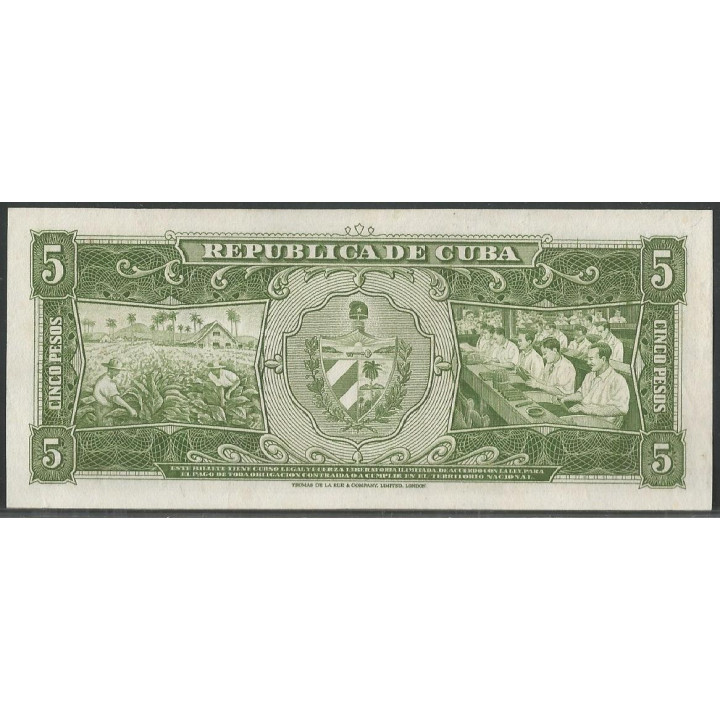 Cuba 5 Pesos 1960 P91c Firma "El Che" reverso