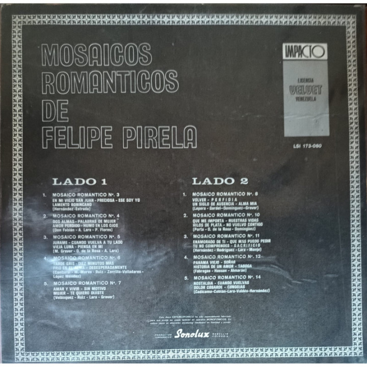 Felipe Pirela - Mosaicos Romanticos reverso