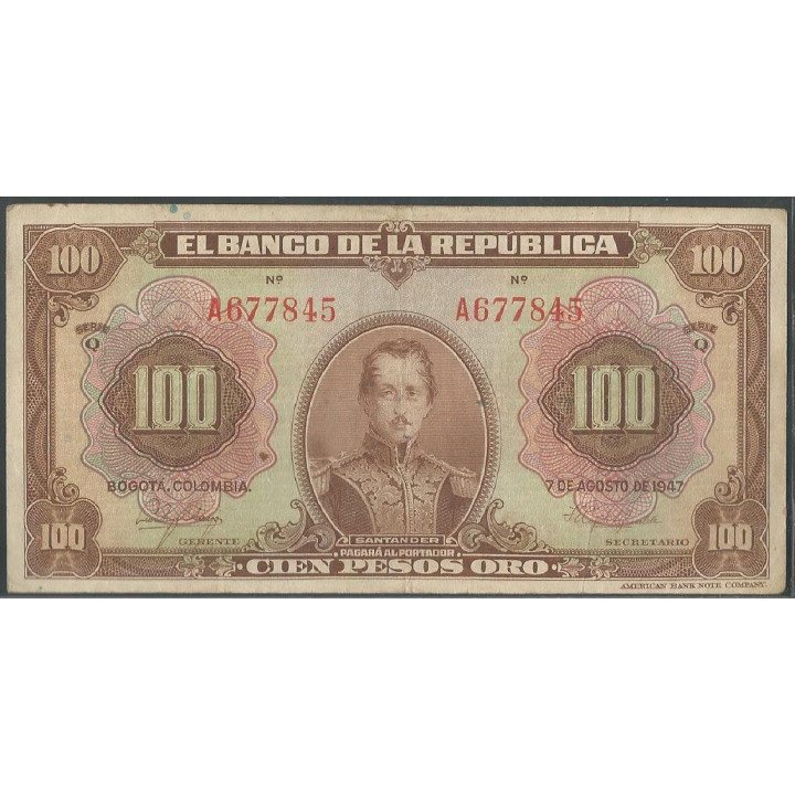 Billete de 100 Pesos 7 Ago 1947 6 Digitos BGW286