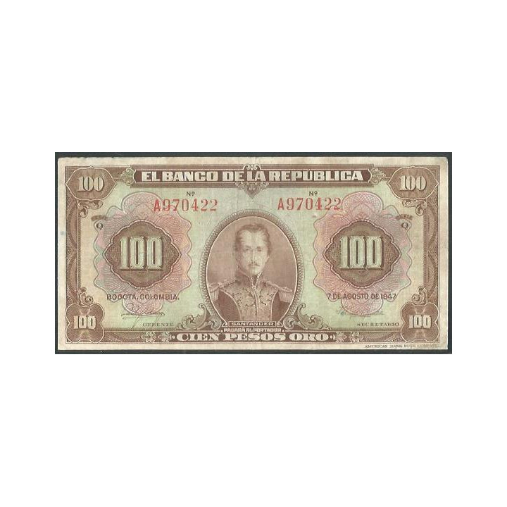 Billete de 100 Pesos 7 Ago 1947 6 Digitos BGW286 reverso