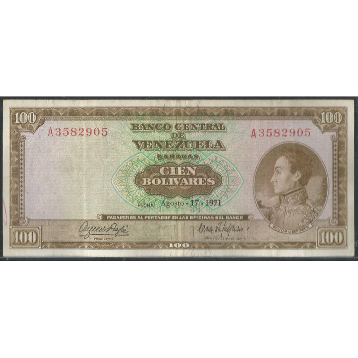 Venezuela 100 Bolivares 17 Ago 1971 A 7 Dig P48h